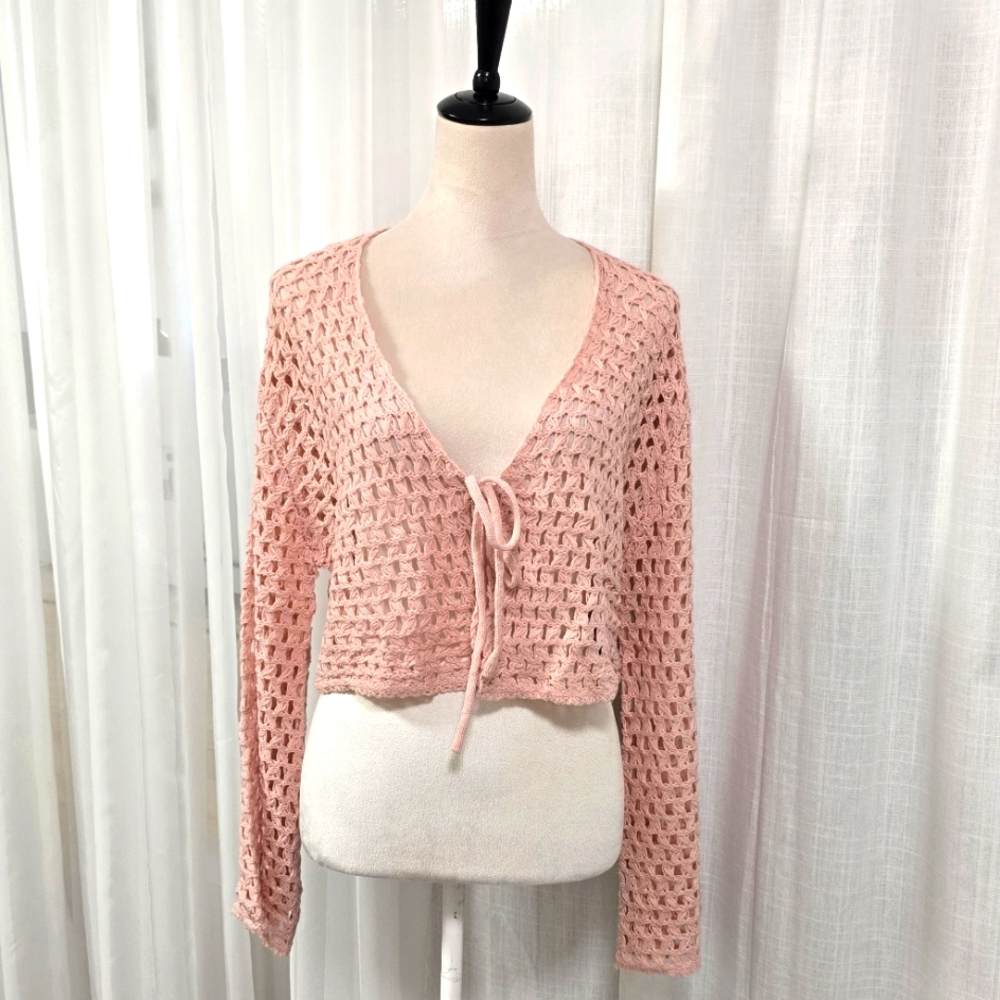 2/$30‎ Cider Petal Pastel Pink Crochet Cardigan Size L Cropped Open Knit